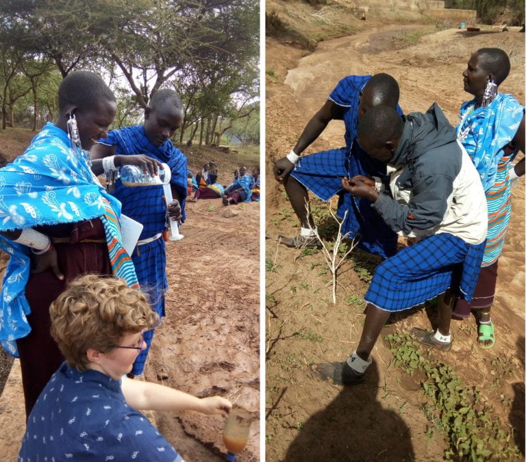 Volunteers from the Kimokouwa community water group practice taking rainfall measurements with a homemade rainfall gauge (left) and stream bank erosion measurements (right) .